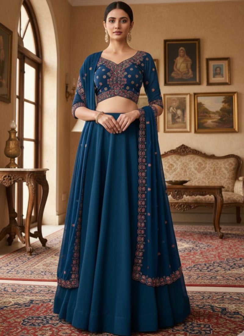 Blue Georgette Zari Embroidered Umbrella Lehenga Choli After Six Wear