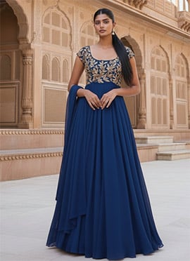 Blue Georgette Zari Foil Print A Line Anarkali Suit