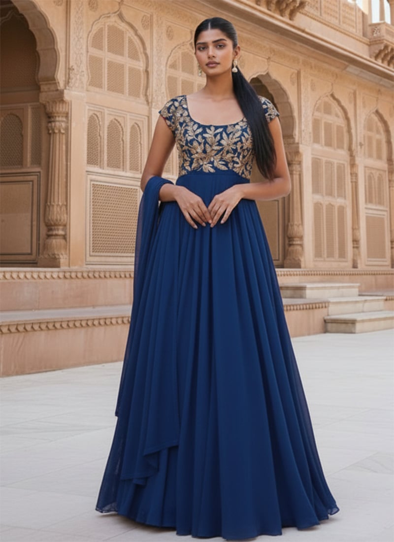 Blue Georgette Zari Foil Print A Line Anarkali Suit Wedding Wear