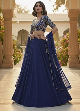 Blue Georgette Zari Hand Embroidered And Stone Work Lehenga