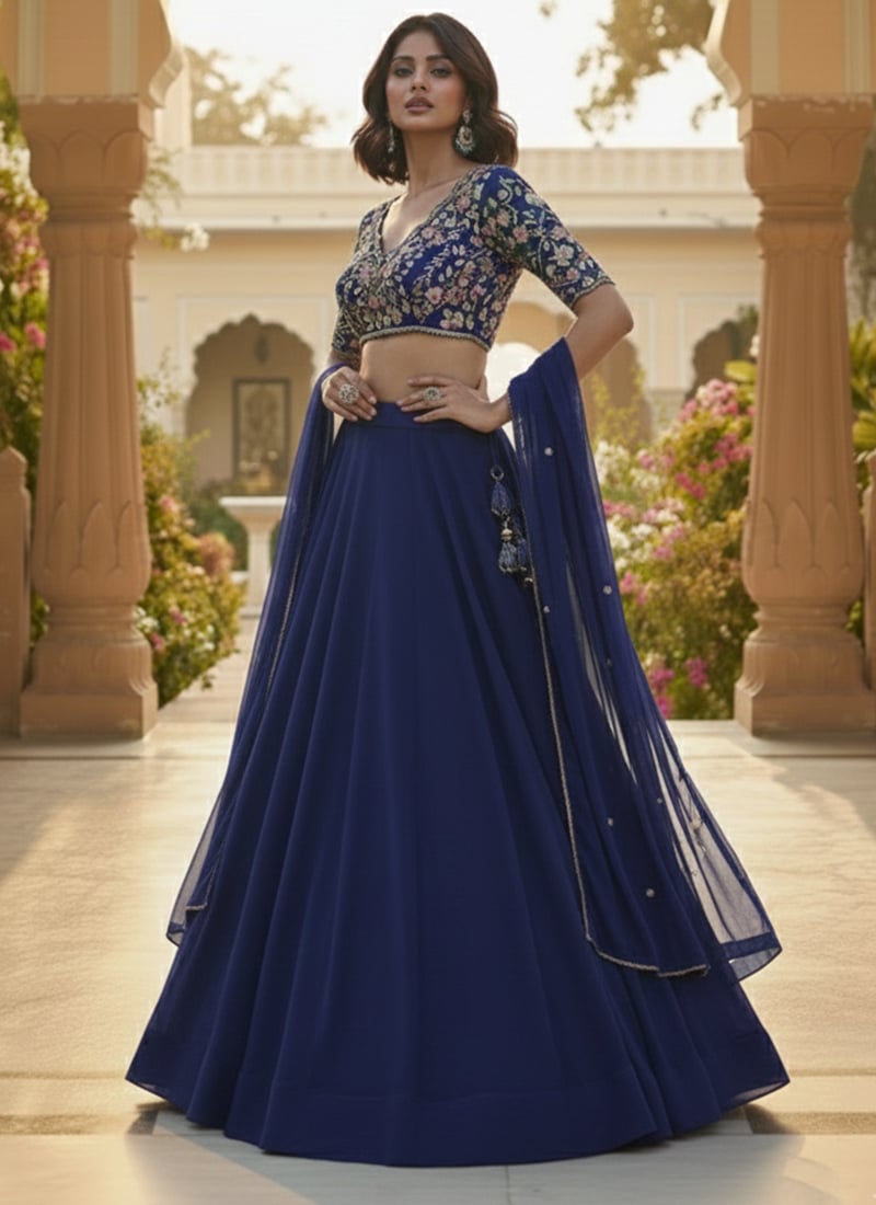 Blue Georgette Zari Hand Embroidered And Stone Work Lehenga  Wedding Wear