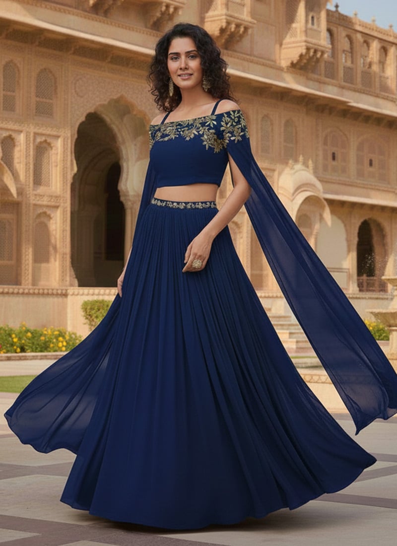 Blue Georgette Zari Hand Embroidered Indowestern Skirt Set Wedding Wear