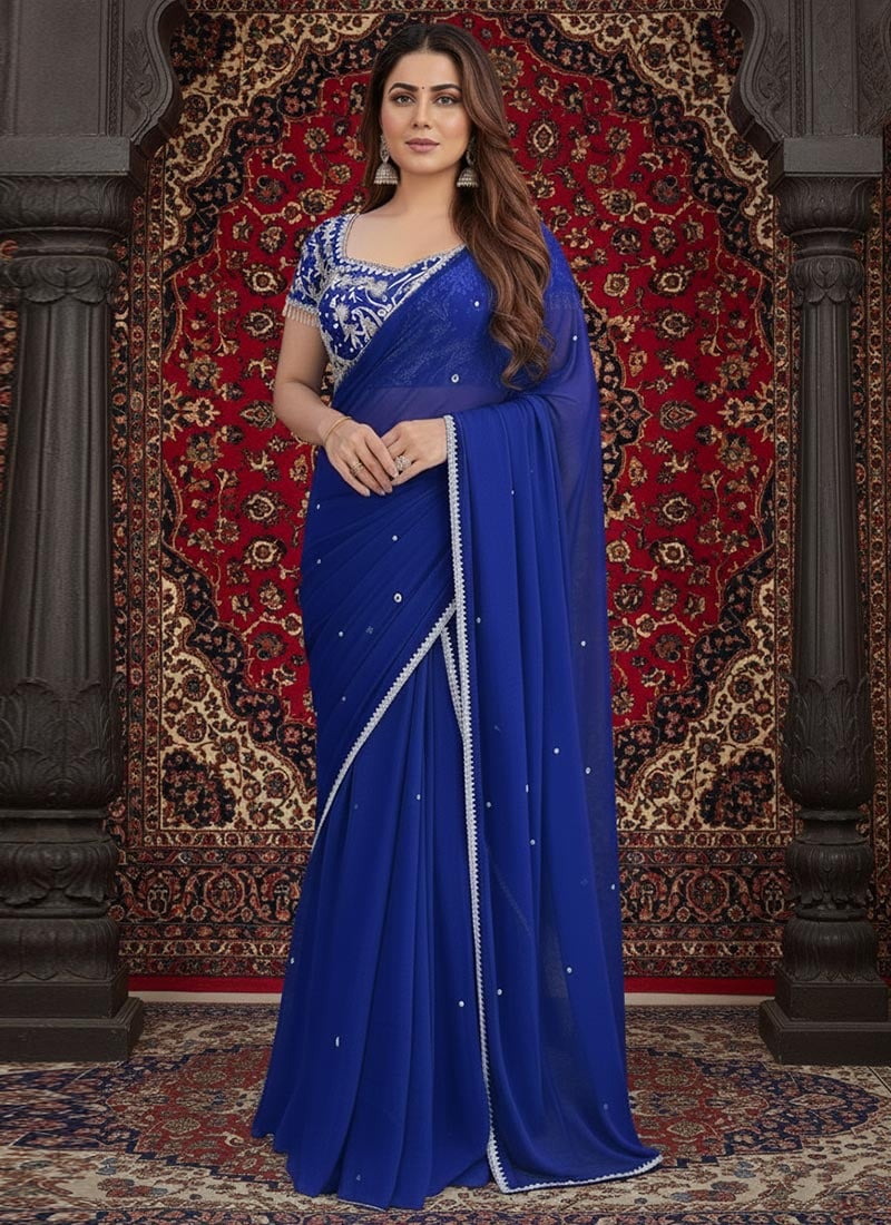 Blue Georgette Zari Hand Embroidered Moti Work Saree