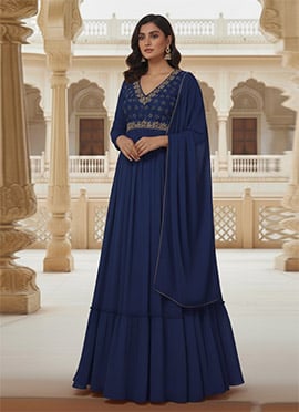 Blue Georgette Zari Hand Embroidered Sequins A line Anarkali Suit