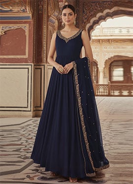 Blue Georgette Zari Hand Embroidered Sequins A Line Anarkali Suit