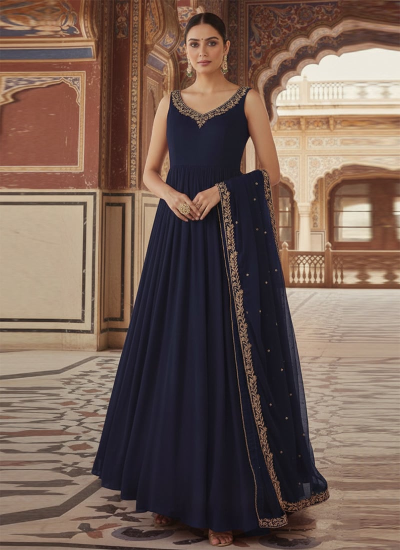 Blue Georgette Zari Hand Embroidered Sequins A Line Anarkali Suit Wedding Wear