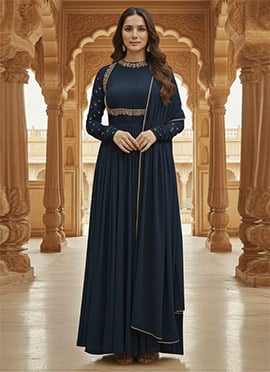 Blue Georgette Zari Hand Embroidered Sequins A Line Anarkali Suit