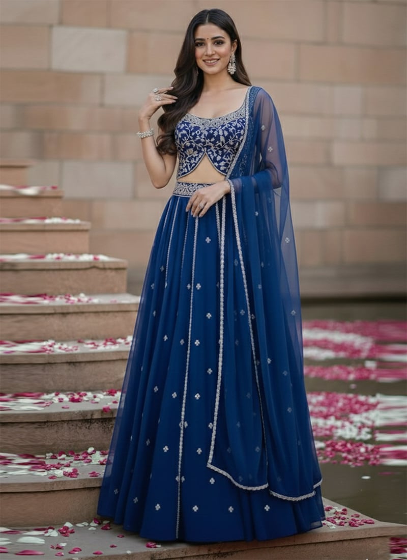Blue Georgette Zari Hand Embroidered Sequins Lehenga Wedding Wear
