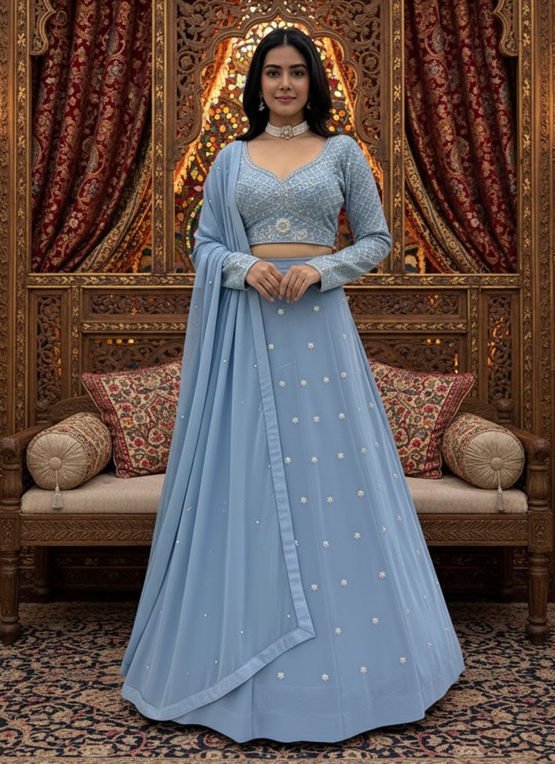 Blue Georgette Zari Hand Embroidered Sequins Lehenga Wedding Wear