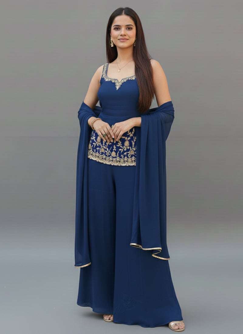 Blue Georgette Zari Hand Embroidered Sequins Palazzo Suit Festive Wear