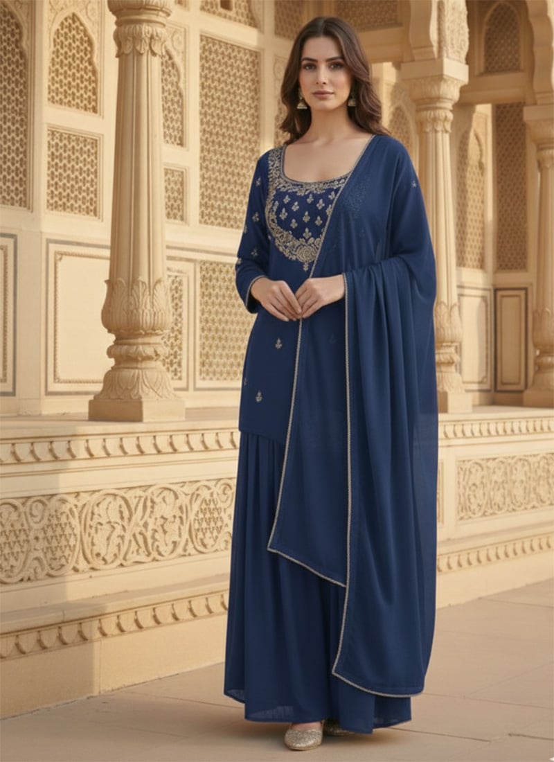 Blue Georgette Zari Hand Embroidered Sharara Suit Wedding Wear