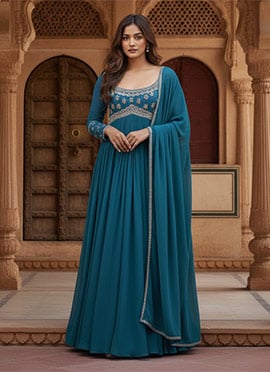 Blue Georgette Zari Hand Embroidered With Beads Work A line Anarkali Suit