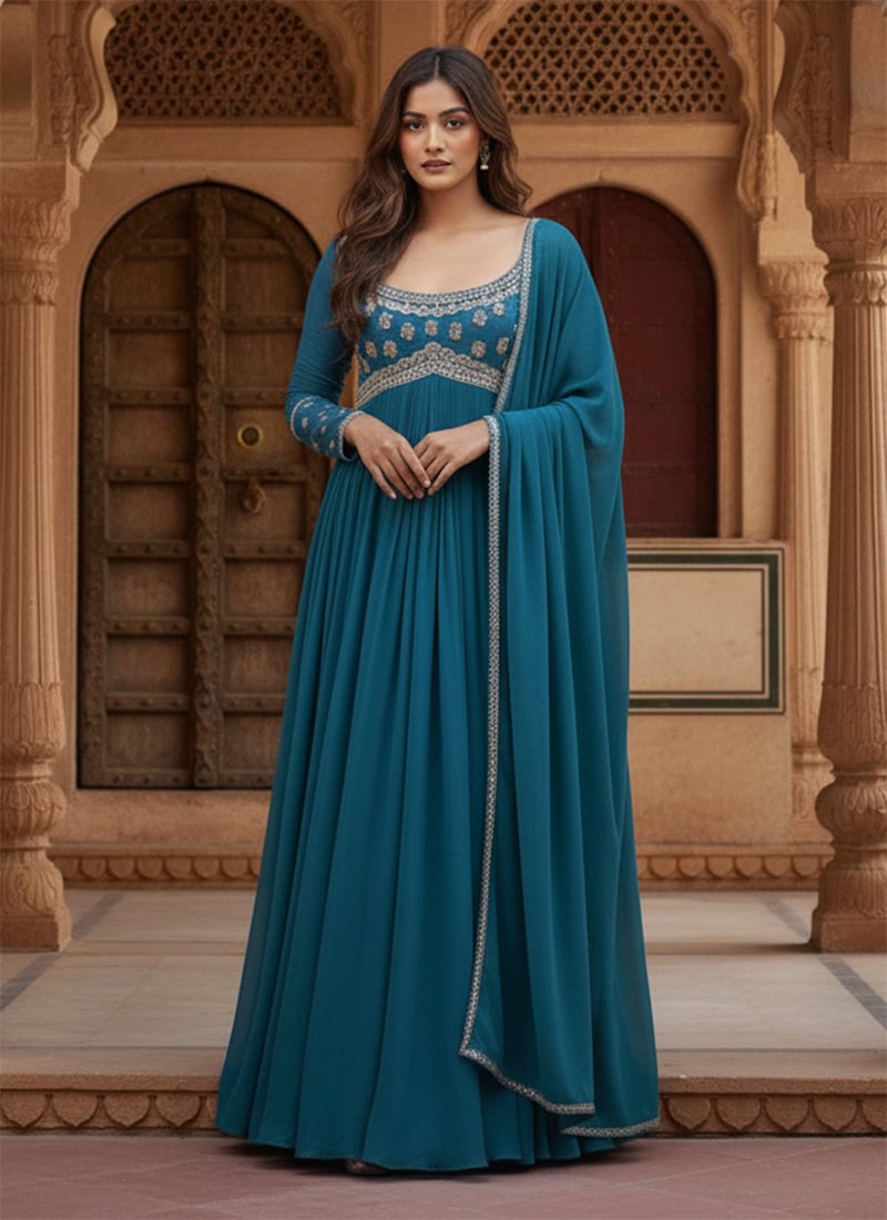 Blue Georgette Zari Hand Embroidered With Beads Work A line Anarkali Suit Wedding Wear