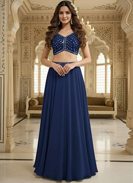 Blue Georgette Zari Mirror Hand Embroidered Lehenga