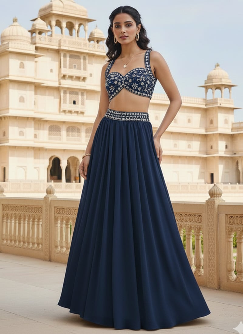 Blue Georgette Zari Mirror With Hand Embroidered Sequins Lehenga Wedding Wear