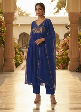 Blue Georgette Zari Resham Embroidered Anarkali Suit