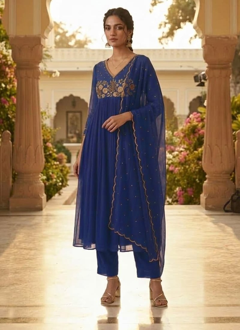 Blue Georgette Zari Resham Embroidered Anarkali Suit Festive Wear