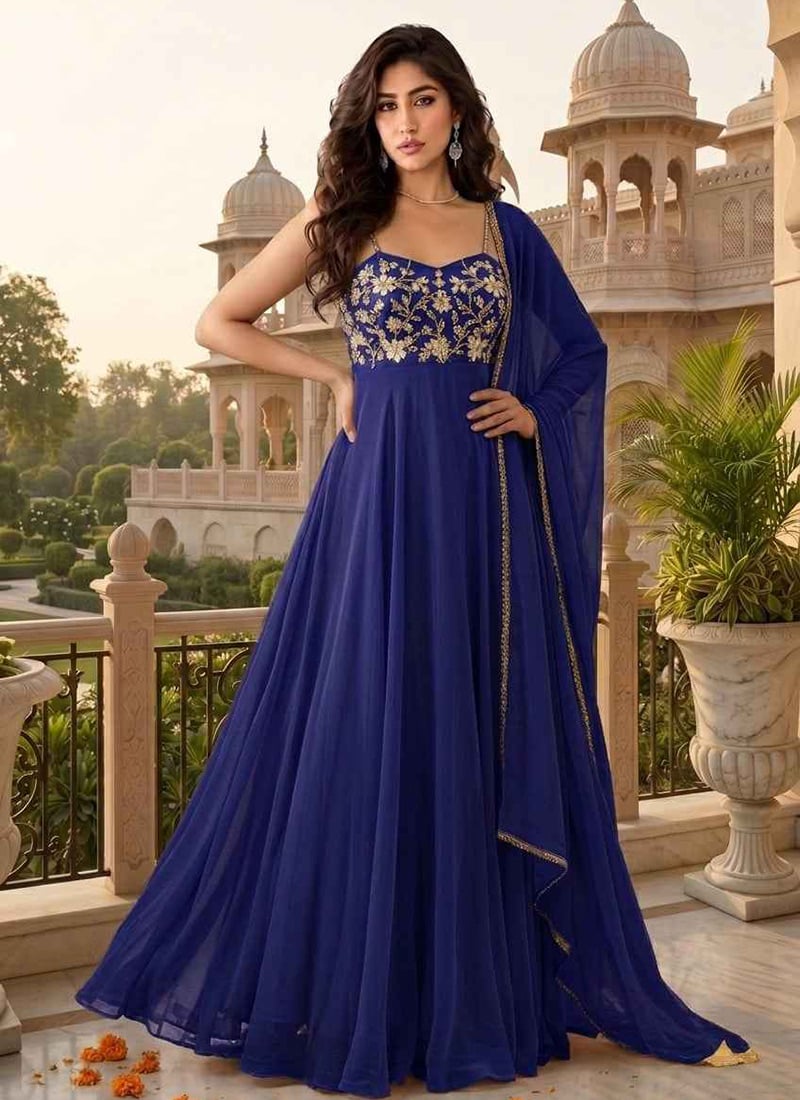 Blue Georgette Zari Resham Sequins Embroidered Anarkali Suit Festive Wear