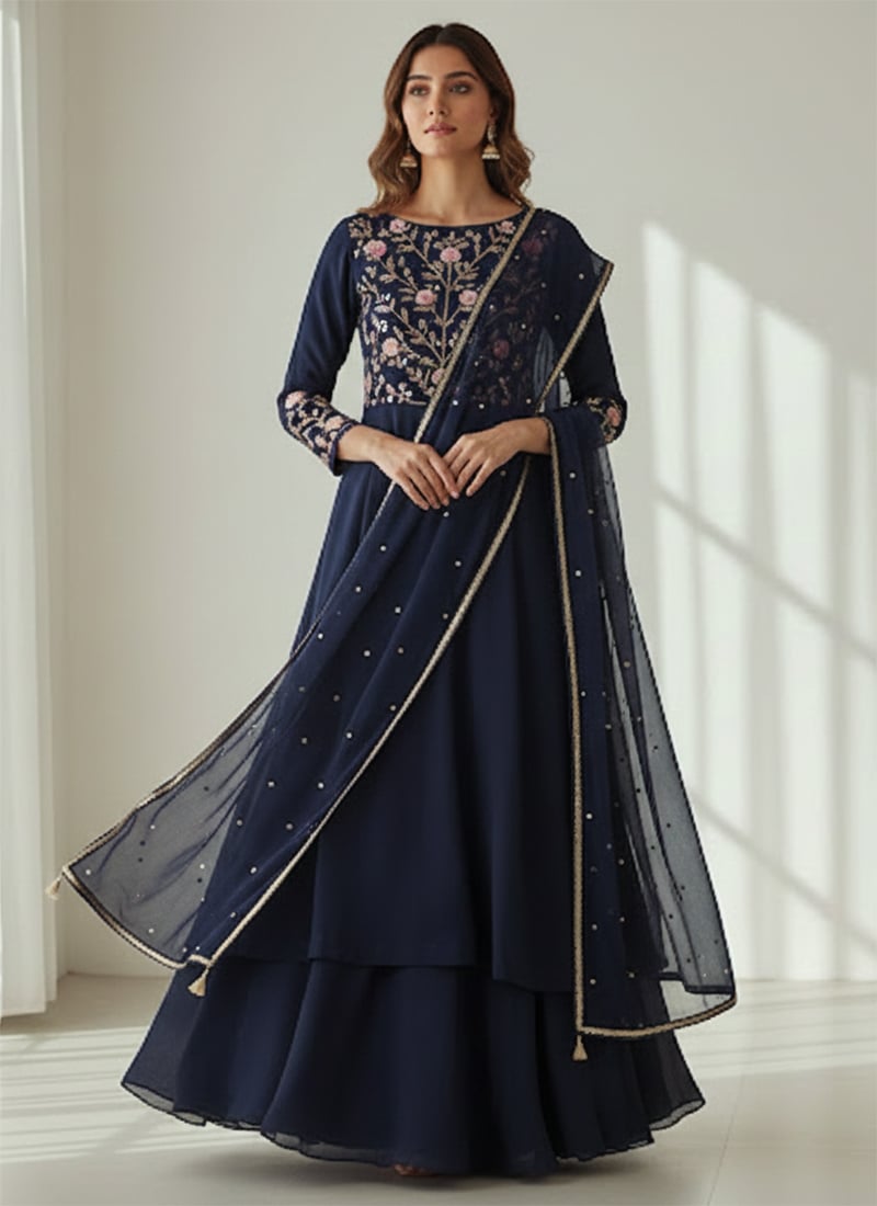 Blue Georgette Zari Resham Sequins Hand Embroidered A Line Lehenga Festive Wear