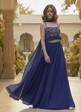 Blue Georgette Zari Sequins A Line Lehenga