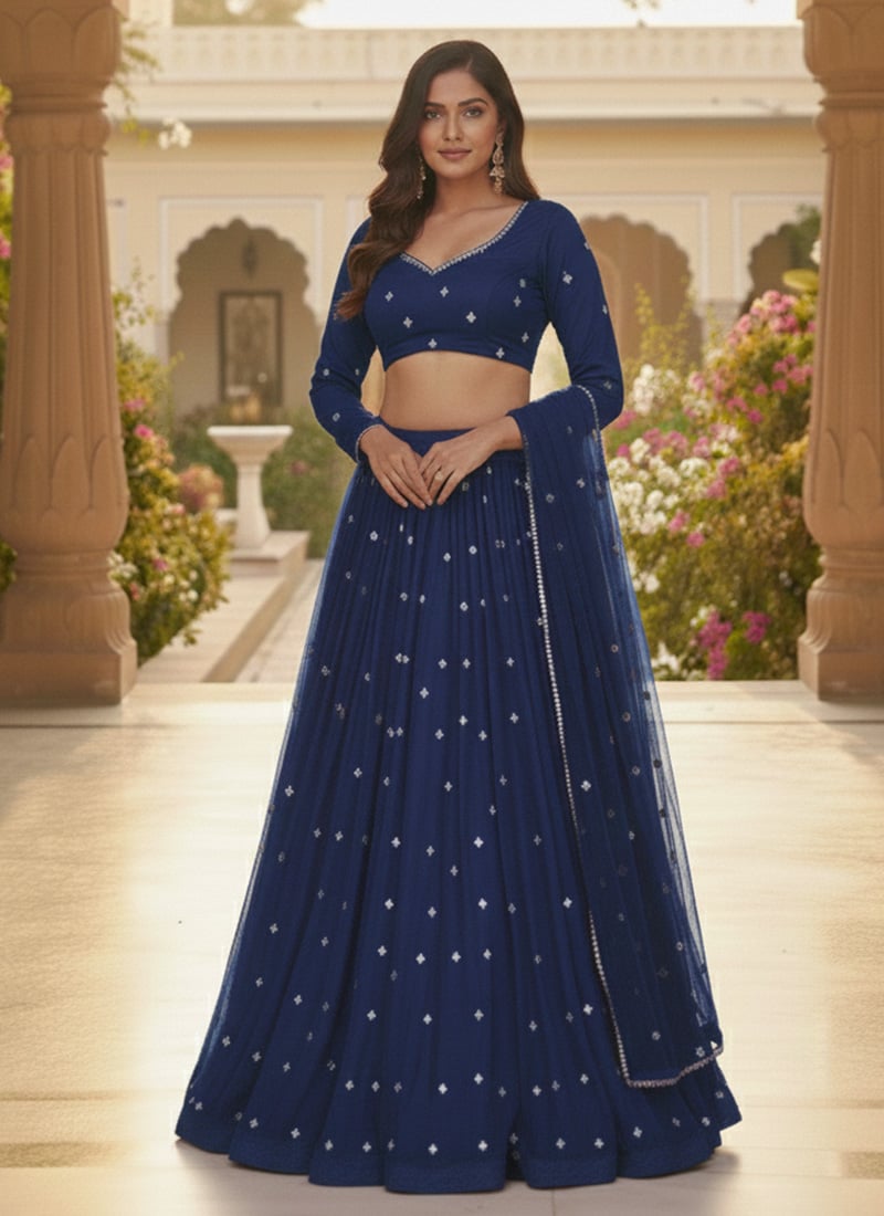 Blue Georgette Zari Sequins A Line Lehenga