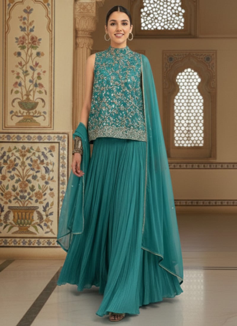 Blue Georgette Zari Sequins A Line Lehenga Wedding Wear