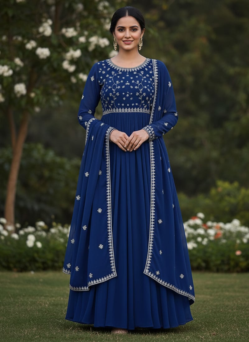 Blue Georgette Zari Sequins Anarkali Suit Festive Wear