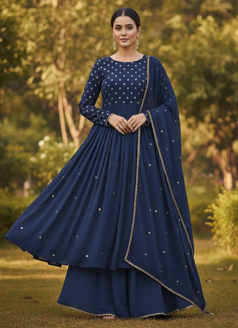 Blue Georgette Zari Sequins Anarkali Suit Festive Wear