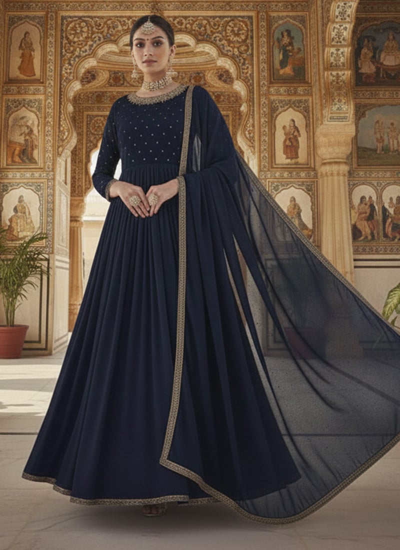 Blue Georgette Zari Sequins Anarkali Suit Festive Wear