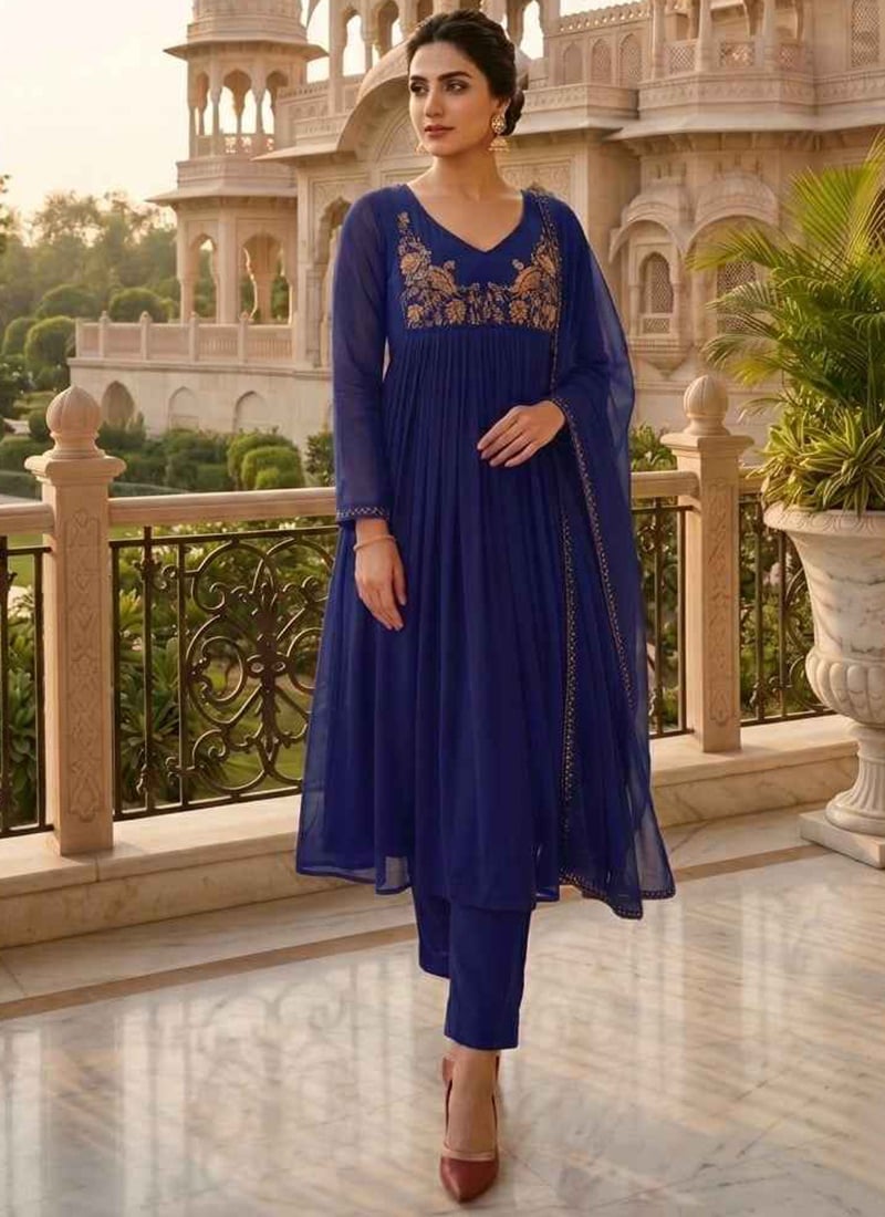 Blue Georgette Zari Sequins Embroidered Anarkali Suit Festive Wear