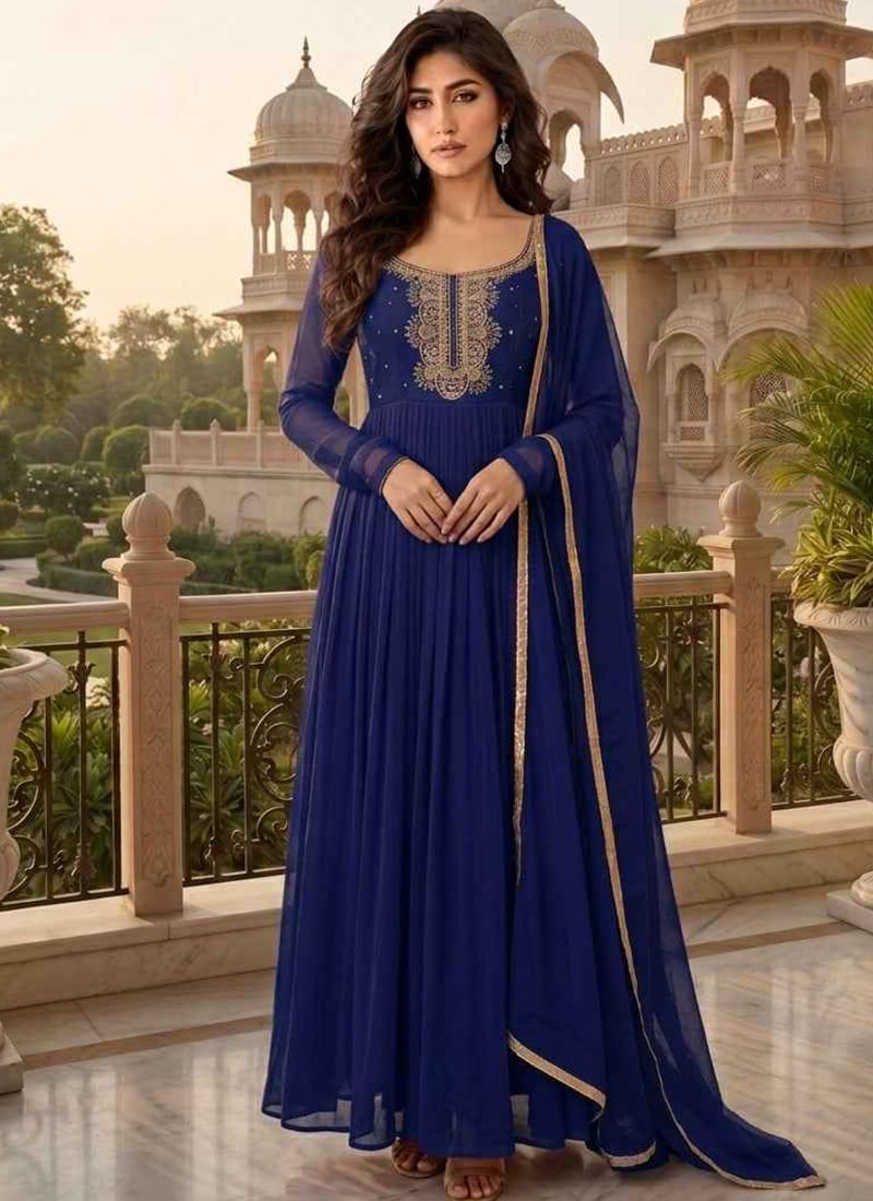 Blue Georgette Zari Sequins Embroidered Anarkali Suit Festive Wear