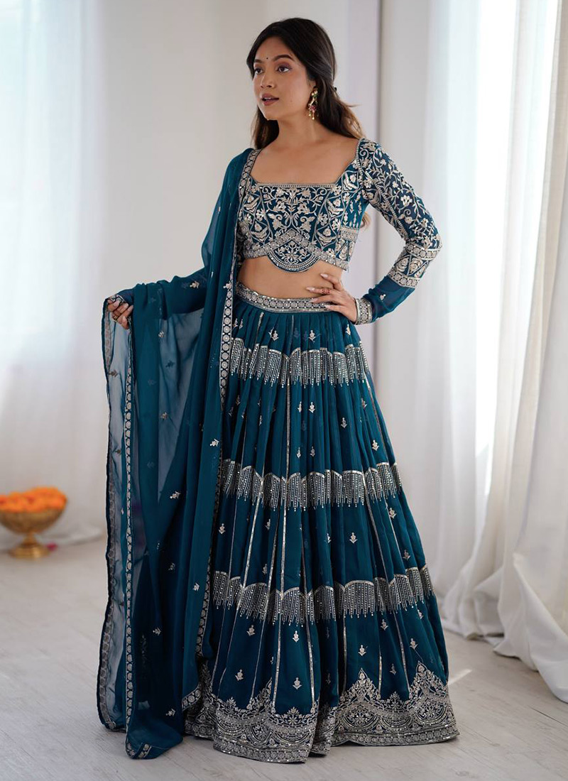 Blue Georgette Zari Sequins Embroidered Lehenga Wedding Wear