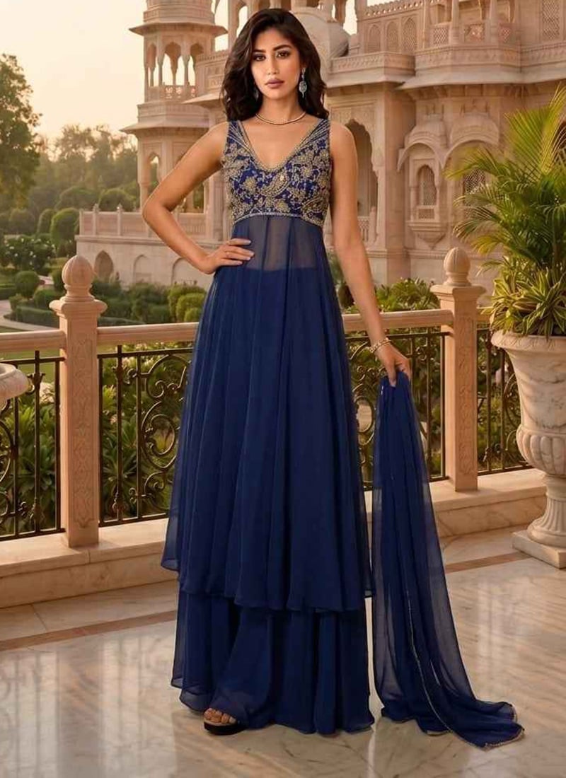 Blue Georgette Zari Sequins Embroidered Pakistani Anarkali Suit Festive Wear