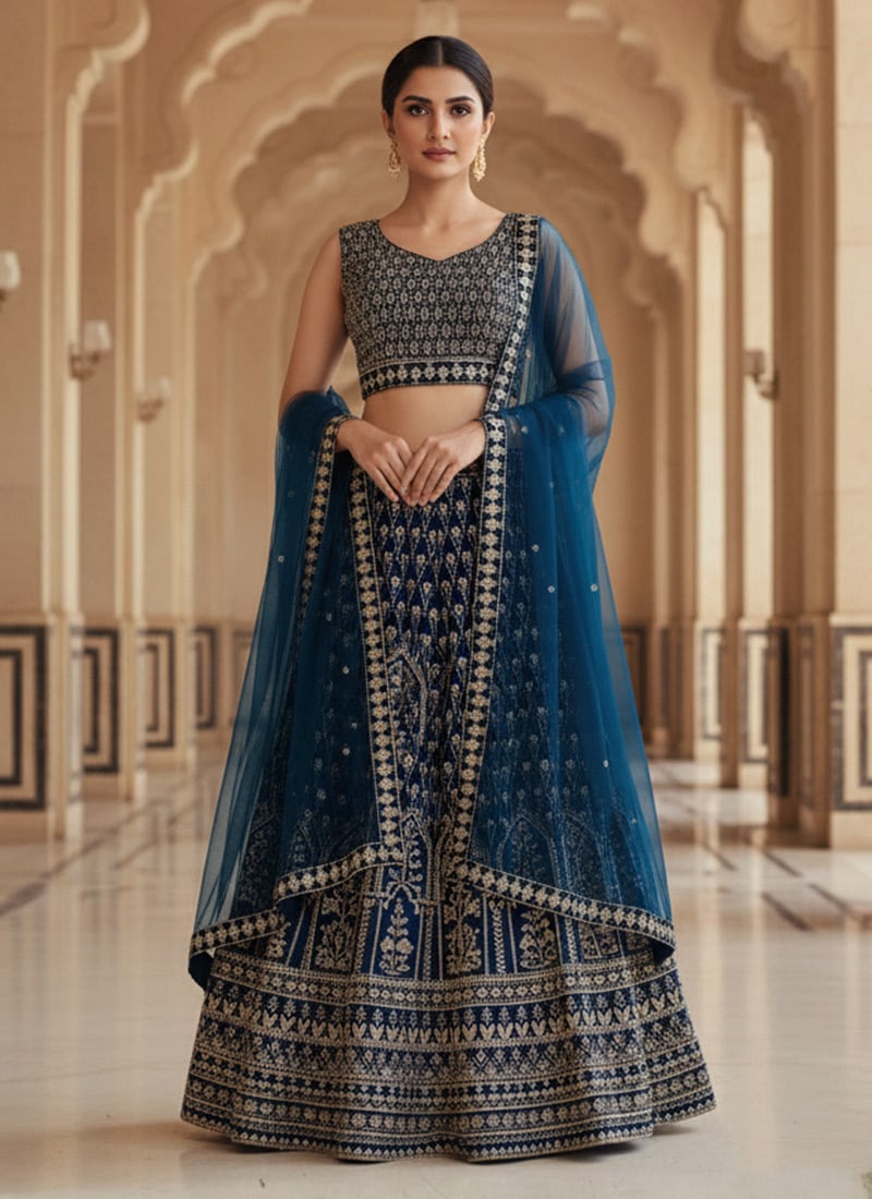 Blue Georgette Zari Sequins Embroidered Wedding Lehenga Choli Wedding Wear
