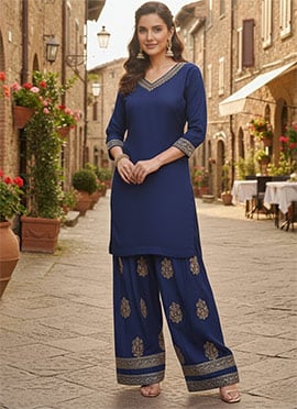 Blue Georgette Zari Sequins Farshi Style Salwar Suit