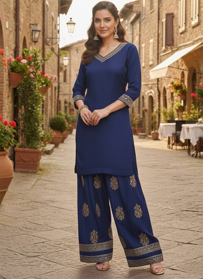 Blue Georgette Zari Sequins Farshi Style Salwar Suit Festive Wear