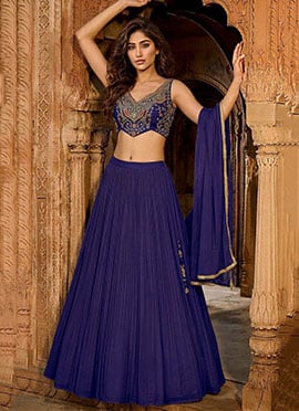 Blue Georgette Zari Sequins Hand Embroidered Cut Dana Lehenga