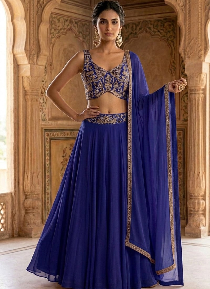 Blue Georgette Zari Sequins Hand Embroidered Cut Dana Lehenga Wedding Wear