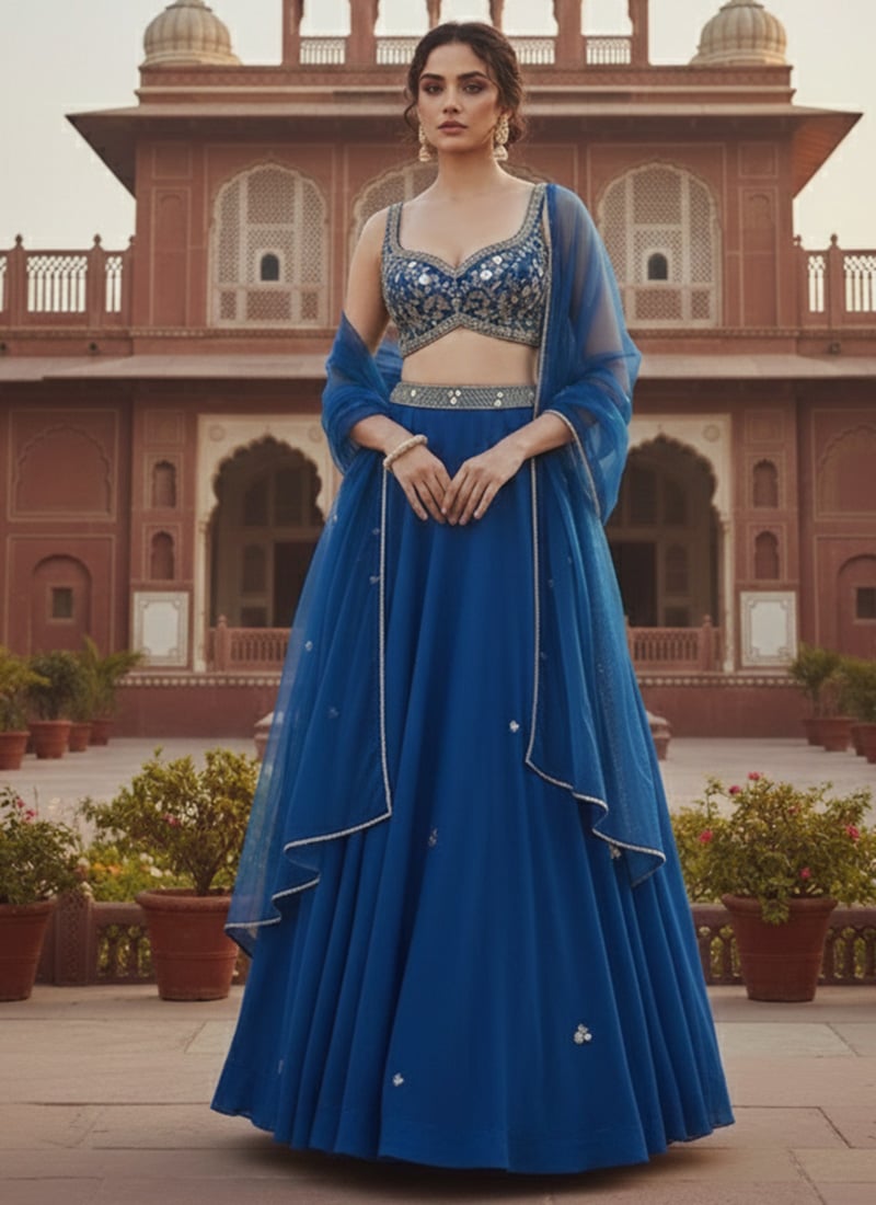 Blue Georgette Zari Sequins Hand Embroidered Lehenga  Wedding Wear