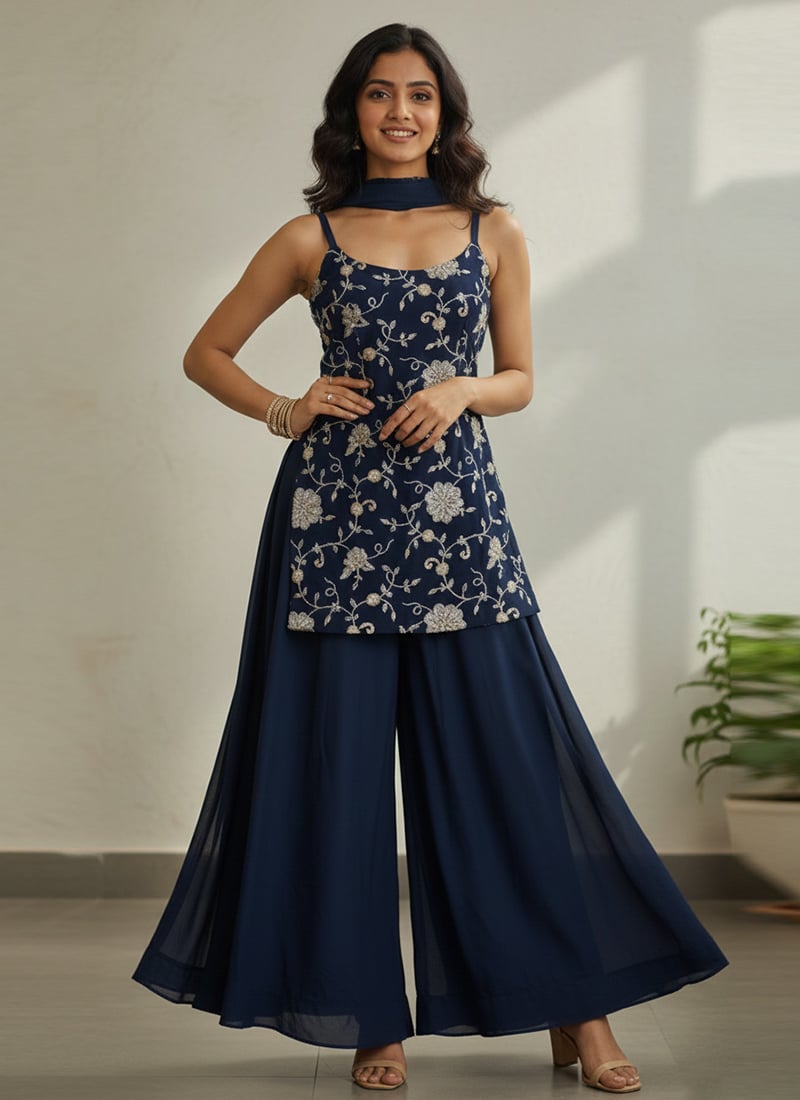 Blue Georgette Zari Sequins Hand Embroidered Palazzo Suit