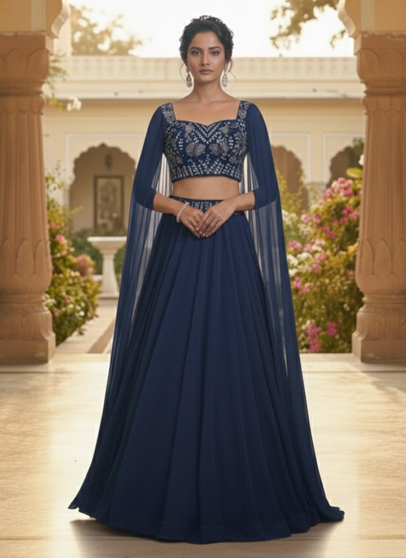 Blue Georgette Zari Sequins Indowestern Sets and Suits Wedding Wear