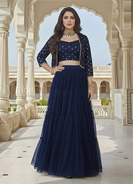 Blue Georgette Zari Sequins Indowestern Skirt Set With Jacket