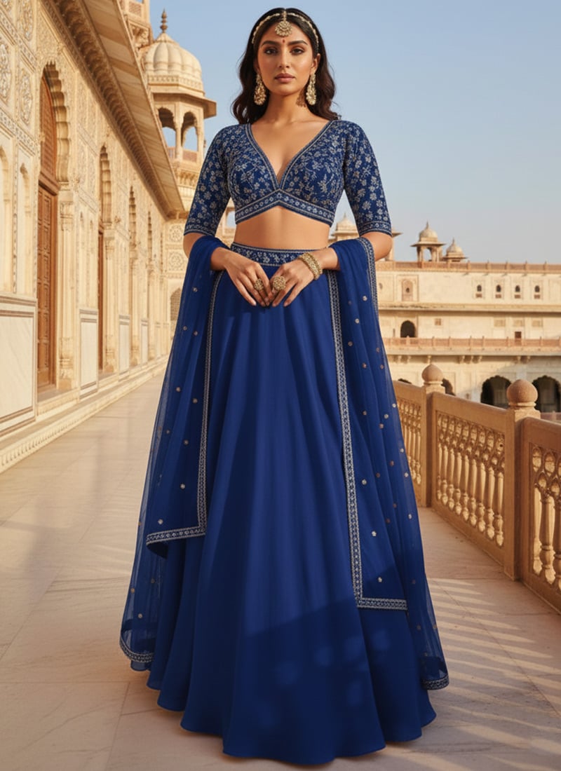 Blue Georgette Zari Sequins Lehenga  Wedding Wear