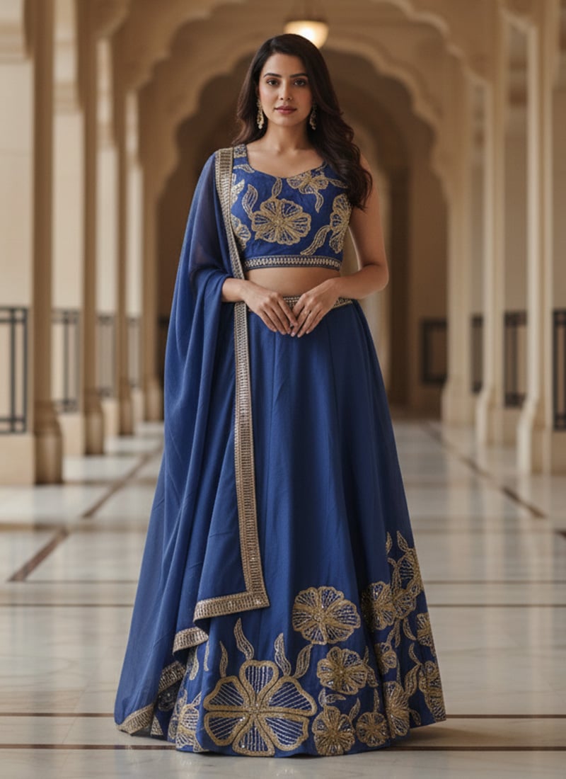 Blue Georgette Zari Sequins Lehenga Choli Wedding Wear
