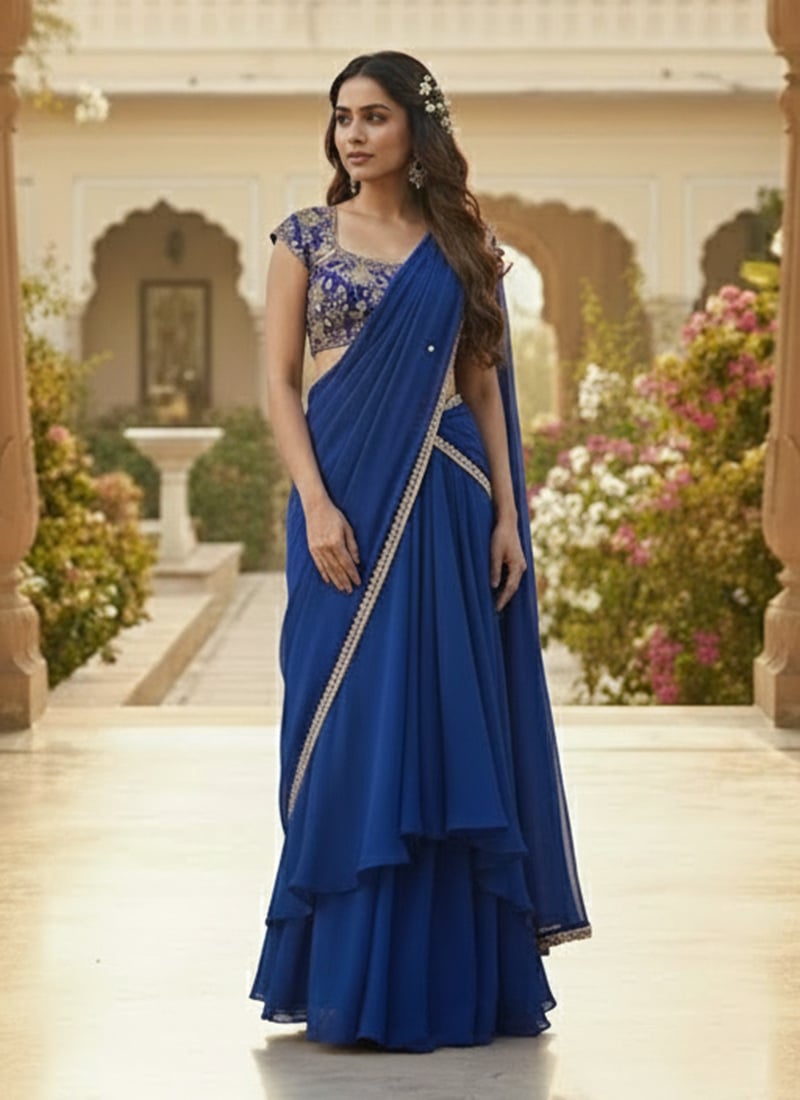 Blue Georgette Zari Sequins Lehenga Wedding Wear