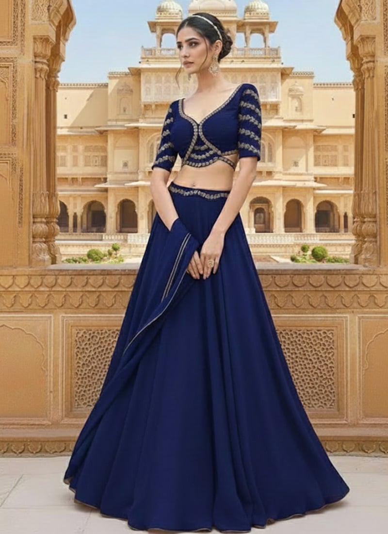 Blue Georgette Zari Sequins Lehenga Wedding Wear