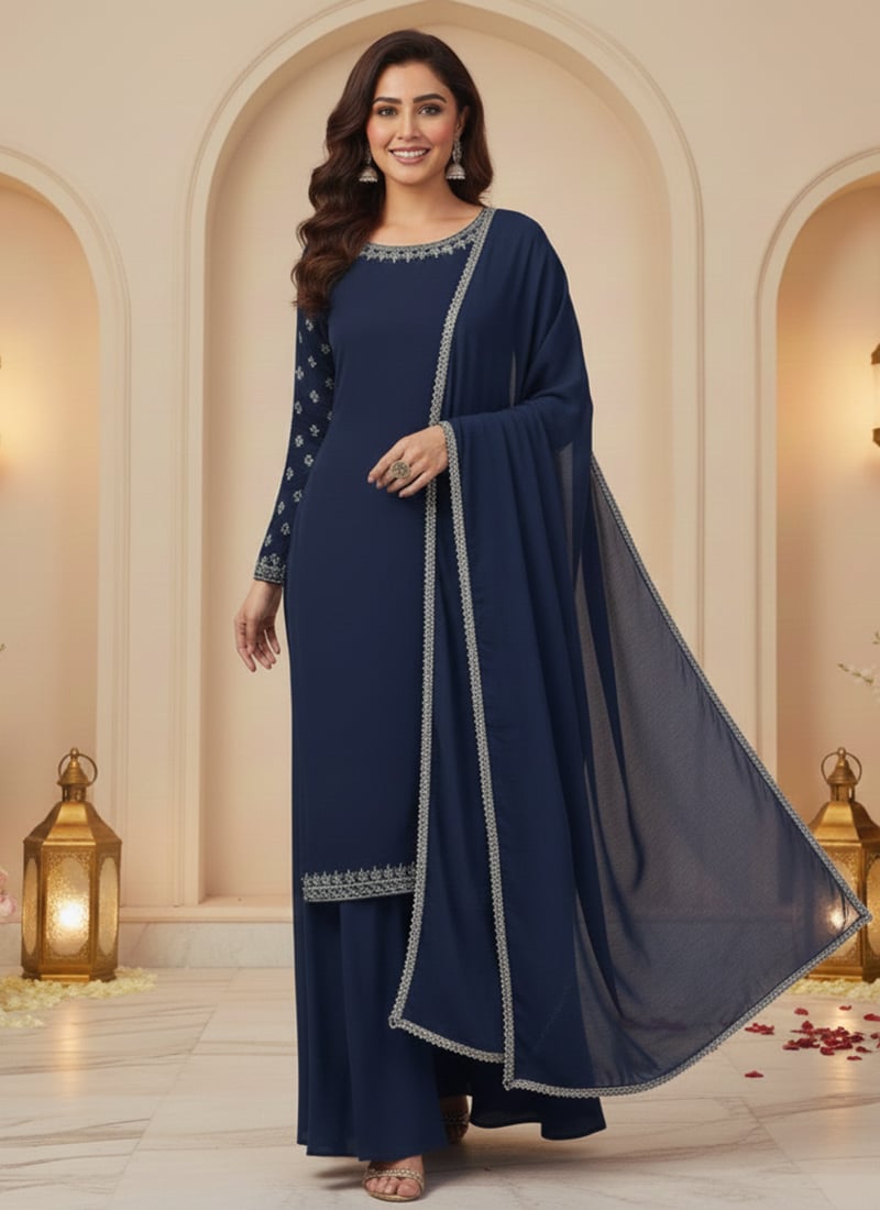 Blue Georgette Zari Sequins Palazzo Suit Festive Wear
