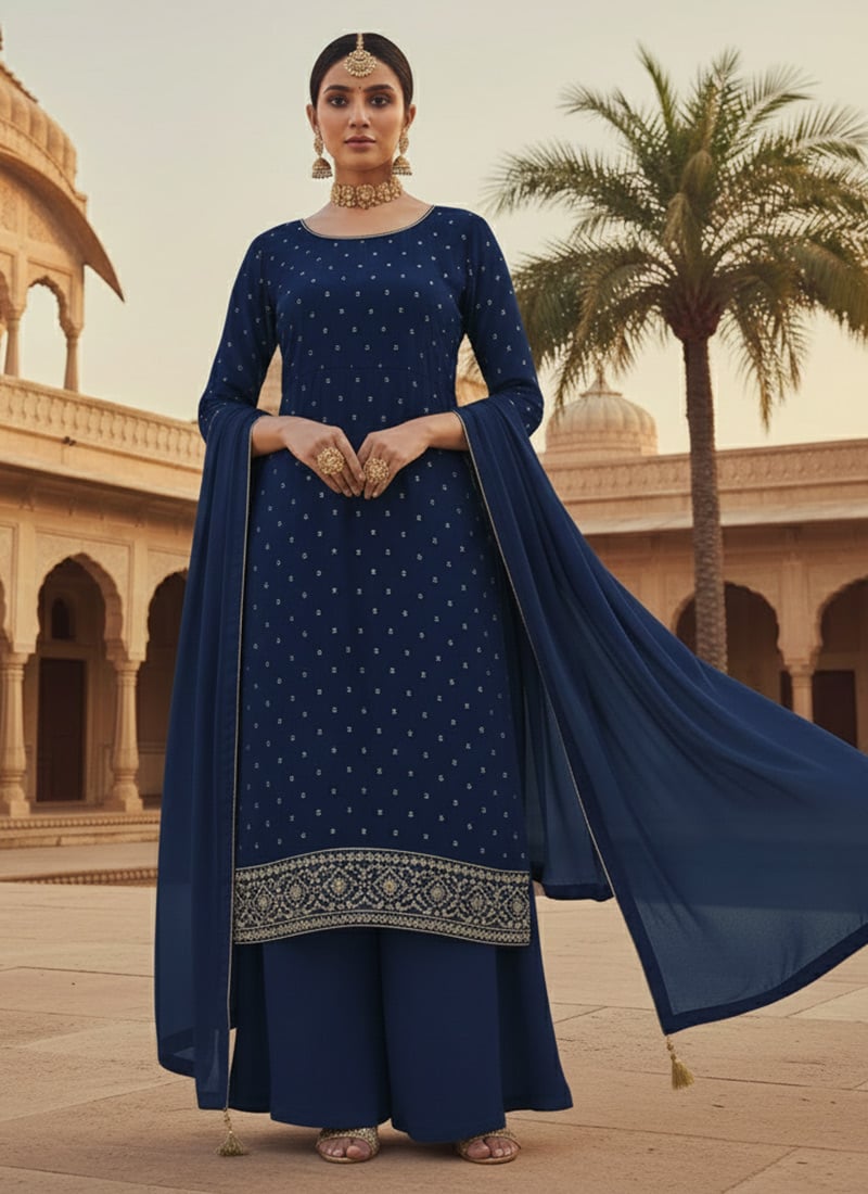 Blue Georgette Zari Sequins Palazzo Suit Festive Wear