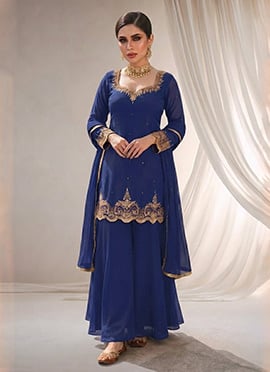 Blue Georgette Zari Sequins Palazzo Suit