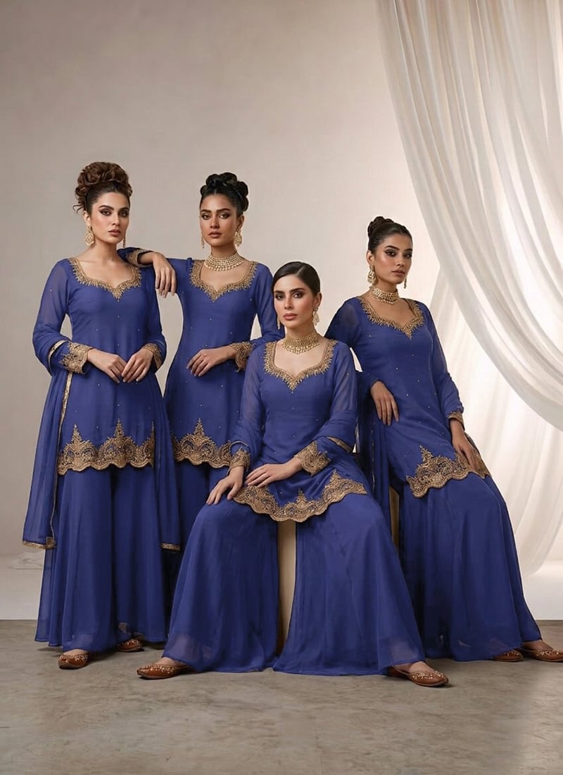 Blue Georgette Zari Sequins Palazzo Suit Festive Wear